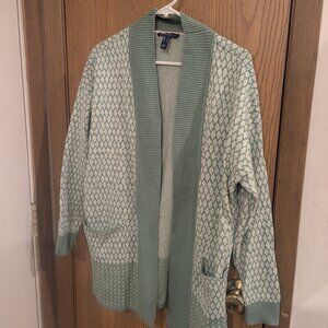 Isaac Mizrahi Knit Diamond Pattern Green Full Length Open Cardigan Pockets-M